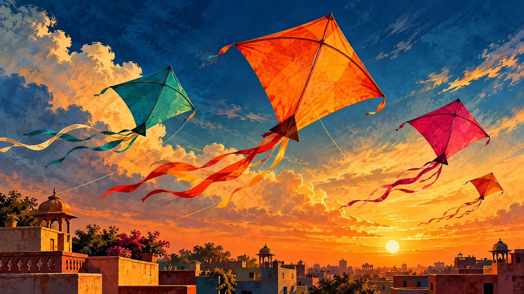 Illustration of saffron, teal and magenta kites soaring above rooftops at sunset