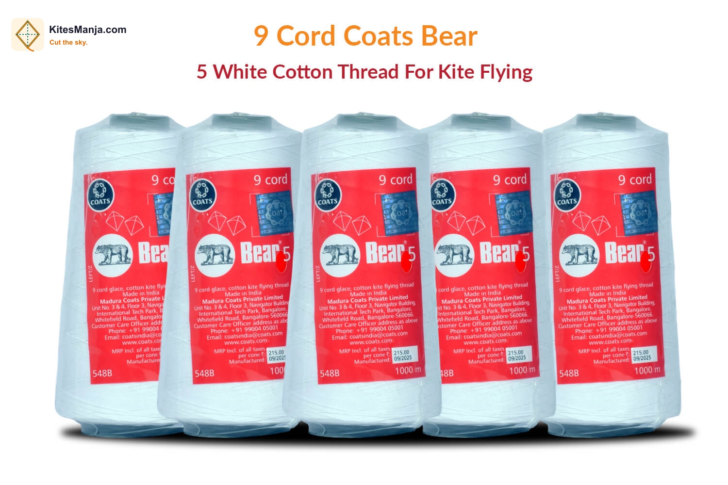 9 Cord Coats Bear 5 White Cotton Thread for Kite Flying 1000 Meter (Pack of 10 Thread/Cones) + 100 Rs Shipping